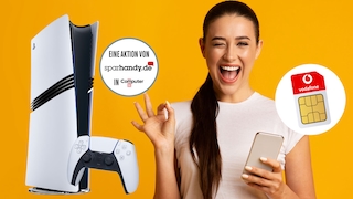 Eine lächelnde Frau mit Smartphone, außerdem abgebildet: eine Vodafone-SIM-Karte und eine Sony PlayStation 5 Pro