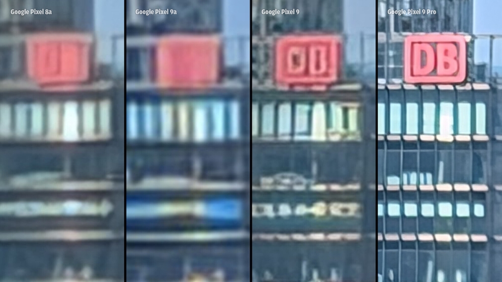Comparison of 30x zoom crops from Pixel 8a,Pixel 9a,Pixel 9,and Pixel 9 pro