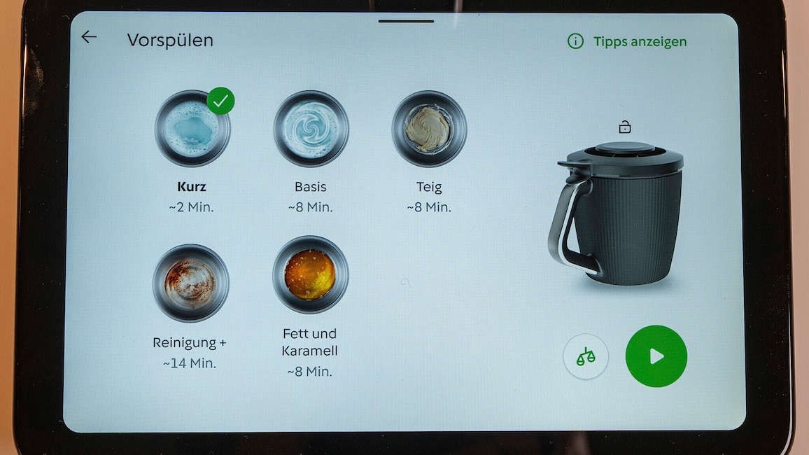 Auswahlmenü der Vorspülmodi am Thermomix TM7 mit Symbolen.