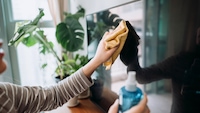 Person die mit einem Lappen einen Fernseher reinigt
