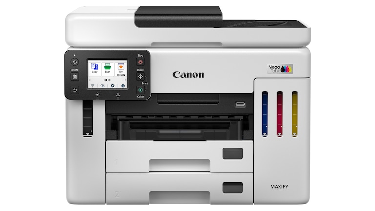 Ansicht des Multifunktionsdruckers Canon Maxify GX7150 von vorn vor weißem Hintergrund.