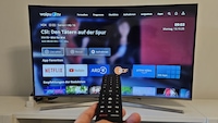 Startbildschirm und Fernbedienung des Waipu.tv Sticks