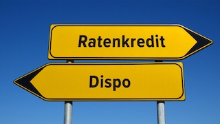 Vor blauem Himmel stehen zwei gelbe Wegweiser auf Metallpfosten. Der obere, nach rechts zeigende Pfeil trägt die schwarze Aufschrift „Ratenkredit“. Darunter zeigt ein zweiter Pfeil nach links mit der Aufschrift „Dispo“. Beide Schilder haben schwarze Ränder.