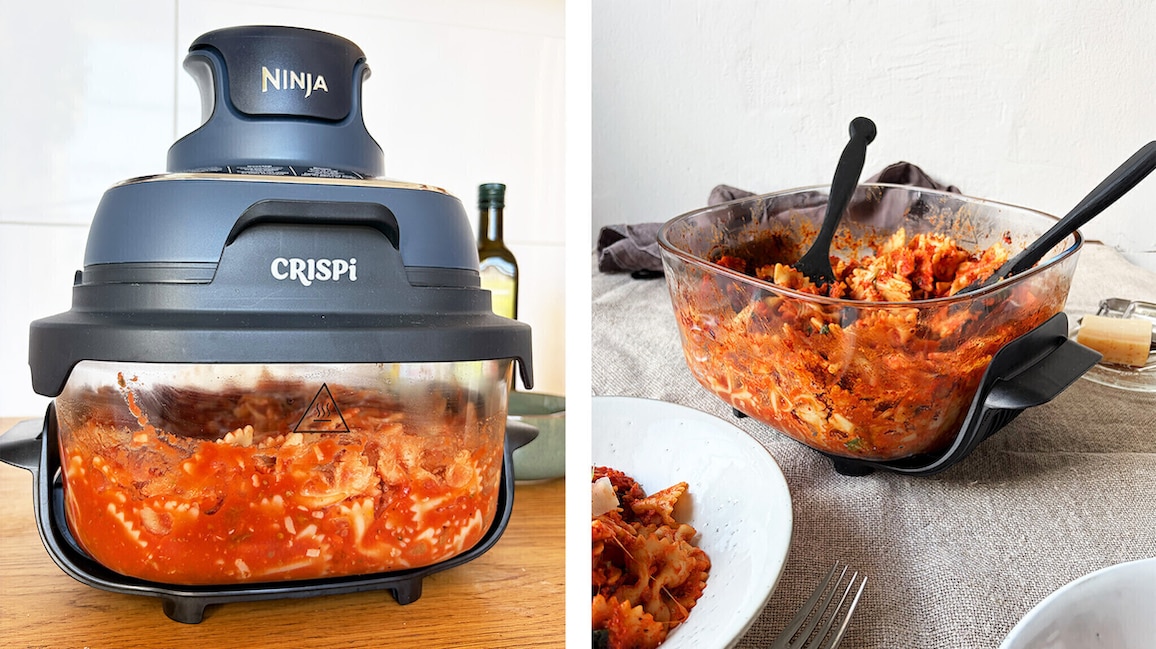 Ninja Crispi Käse-Tomaten-Nudelauflauf direkt im Glasbehälter serviert