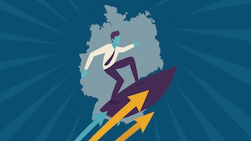 Aufmachergrafik für den Speedtest 2025 (Internet per DSL, Kabel und Glasfaser): Zu sehen ist ein stilisierter Surfer in voller Fahrt vor dem Hintergrund einer Deutschland-Karte