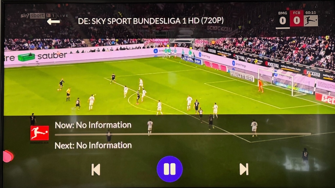 Der Bundesliga-Klassiker Gladbach gegen Bayern in der illegalen IPTV-App – die Wiedergabequalität fällt im Vergleich zum legalen Sky-Sender etwas ab.