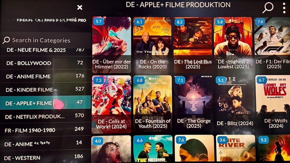 So sieht die illegale IPTV-App auf einem Smart-TV aus. Namen von App und Anbieter wurden von der Redaktion unkenntlich gemacht, um Nachahmung zu verhindern.