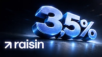 Große, blau leuchtende 3,5-Prozent-Zahl in 3D-Darstellung vor dunklem Hintergrund; unten links ist das Raisin-Logo zu sehen.