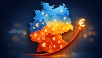 Karte von Deutschland in Blau- und Orangetönen mit vielen Euro-Symbolen, daneben ein nach oben gebogener Pfeil mit Eurozeichen.