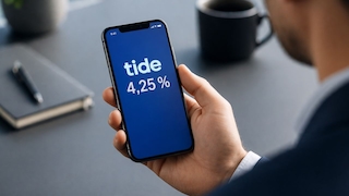 Eine Hand hält ein Smartphone, auf dessen Display der Schriftzug „tide“ und „4,25 %“ zu sehen sind; im Hintergrund liegen ein Notizbuch und eine Tasse.