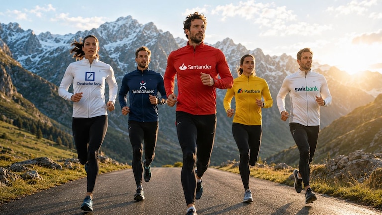 Fünf Personen joggen auf einer Straße vor einer Berglandschaft; auf ihren Sportjacken sind Logos von Deutsche Bank, Targobank, Santander, Postbank und swkbank zu sehen.