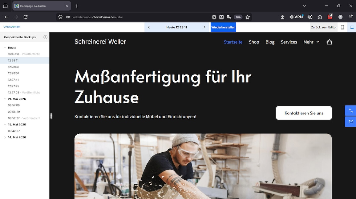 Die Backup-Funktion von Checkdomain sichert die Website nach jeder Änderung mit einem Zeitstempel.