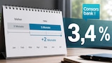 Ein Tischkalender mit der Beschriftung „bisher 3 Monate“ und „neu 5 Monate“ steht neben einer großen „3,4 %“-Zahl; oben rechts ist das Logo der Consorsbank zu sehen.