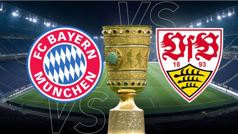 Logos von Bayern und Stuttgart mit Pokal auf Stadionhintergrund