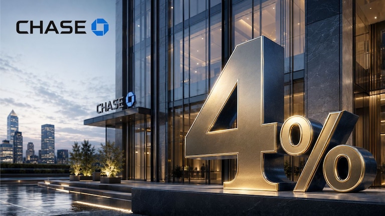 Große goldene „4 %“-Zahl vor einem modernen Bürogebäude mit Chase-Logos und Hochhäusern im Hintergrund.