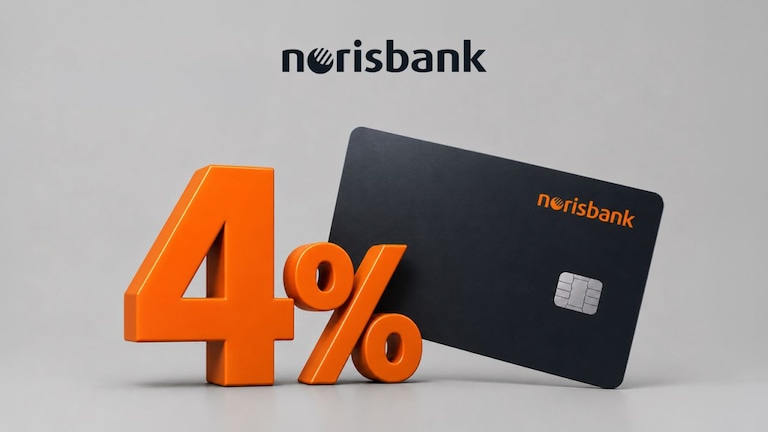 Orangefarbene „4 %“-Zahl steht neben einer schwarzen Bankkarte mit norisbank-Logo; darüber der Schriftzug „norisbank“.