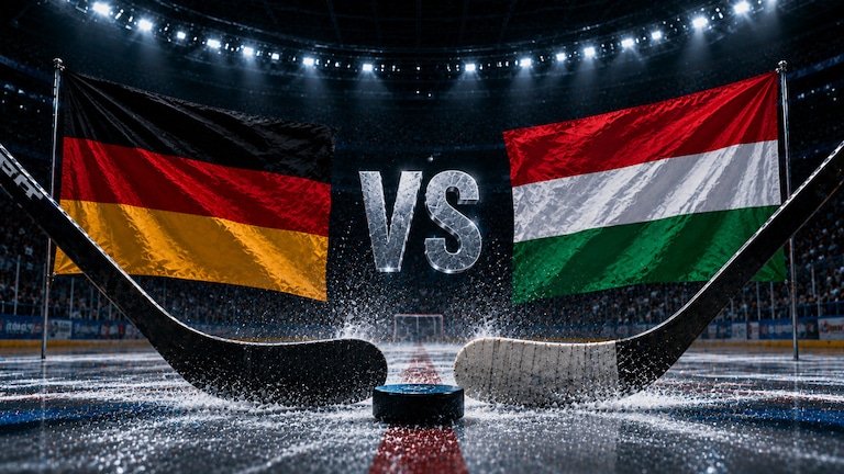 Eishockey-WM 2026: gekreuzte Schläger Deutschland Ungarn auf dem Eis