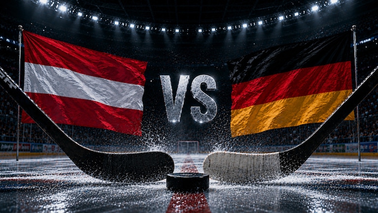Eishockey-WM 2026: gekreuzte Schläger Deutschland und Österreich auf dem Eis