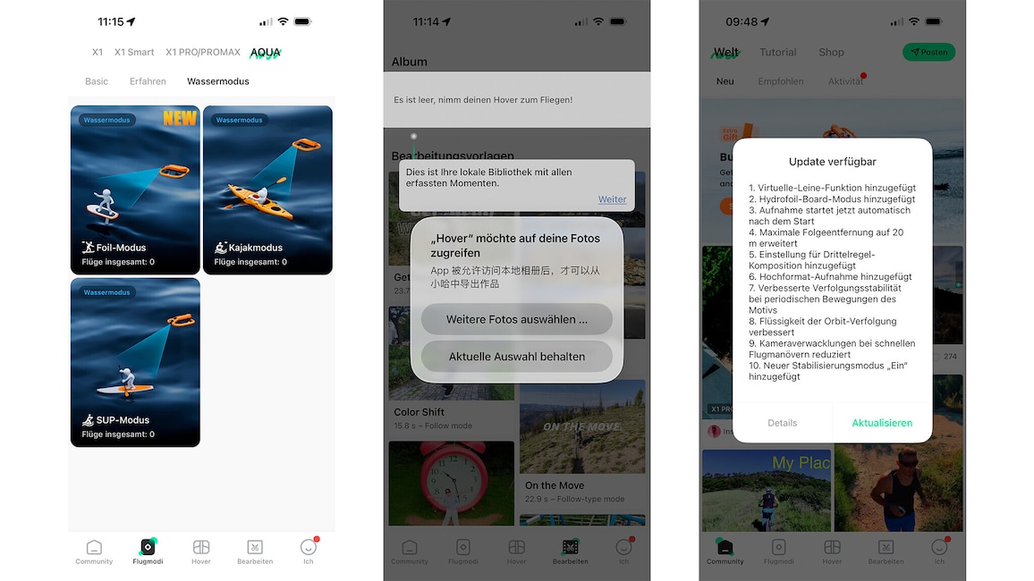 Drei Screenshots der Hover-App zeigen Wassermodi, eine Fotozugriffs-Abfrage und ein verfügbares Update.
