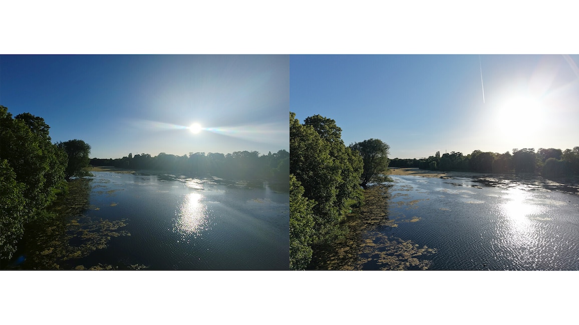 wei Gegenlichtaufnahmen eines Sees stehen nebeneinander. Links steht die Sonne zentraler im Bild, die Aufnahme wirkt dunkler. Rechts liegt die Sonne am rechten Rand, Wasser, Ufer und Bäume sind heller zu erkennen.