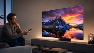 Ein Mann sitzt mit Fernbedienung vor einem großen Fernseher. Auf dem Bildschirm ist eine Berglandschaft bei Sonnenuntergang zu sehen.