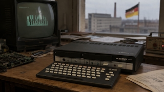 KI generiert! Ein schwarzer Computer vom Typ KC 85/3 steht auf einem Holztisch. Davor liegt eine separate Tastatur mit hellen Tasten. Links daneben befindet sich ein Röhrenmonitor, auf dessen Bildschirm eine grüne grafische Darstellung zu sehen ist. Auf dem Tisch liegen außerdem mehrere elektronische Platinen, Werkzeuge und Papierunterlagen. Im Hintergrund ist durch ein Fenster ein Gebäude mit Schornstein sowie eine Deutschlandflagge zu erkennen.