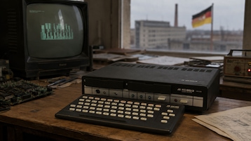KI generiert! Ein schwarzer Computer vom Typ KC 85/3 steht auf einem Holztisch. Davor liegt eine separate Tastatur mit hellen Tasten. Links daneben befindet sich ein Röhrenmonitor, auf dessen Bildschirm eine grüne grafische Darstellung zu sehen ist. Auf dem Tisch liegen außerdem mehrere elektronische Platinen, Werkzeuge und Papierunterlagen. Im Hintergrund ist durch ein Fenster ein Gebäude mit Schornstein sowie eine Deutschlandflagge zu erkennen.