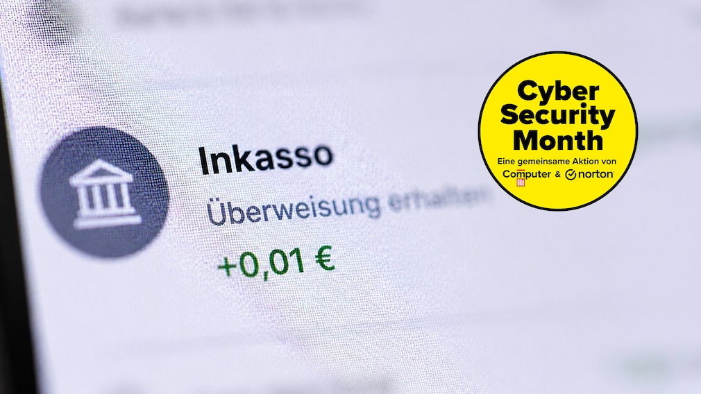 Nahaufnahme eines Smartphone- oder Computerbildschirms mit einer Banking-App. Neben einem Symbol eines Bankgebäudes steht der Eintrag „Inkasso“, darunter „Überweisung erhalten“. Der gutgeschriebene Betrag „+0,01 €“ ist in grüner Schrift hervorgehoben. Die Anzeige ist leicht unscharf und die Pixelstruktur des Bildschirms deutlich sichtbar.