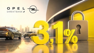 Große gelbe „3,1 %“-Zahl steht neben einem Vorhängeschloss; links sind zwei Autos zu sehen, oben links der Schriftzug „Opel Direktbank“ mit Opel-Logo.