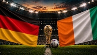 Flaggen von Deutschland und Elfembeinküste mit Welt-Pokal auf einem Stadionhintergrund
