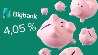 Grüner Hintergrund mit mehreren rosa Sparschwein-Figuren in unterschiedlichen Größen, teils angeschnitten am Bildrand. Links steht das Bigbank-Logo mit weißem Schriftzug „Bigbank“, darunter groß die Zinsangabe „4,05 %“.