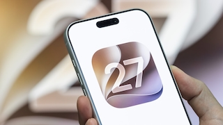 iOS-27-Logo auf iPhone, im Hintergrund iOS-27-Logo