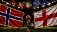 Flaggen von Nowegen und England mit Pokal auf einem Stadionhintergrund