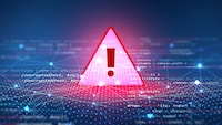 Das Bild zeigt ein großes rotes Warnsymbol mit Ausrufezeichen vor einem stilisierten digitalen Netzwerk und eingeblendeten Codezeilen.