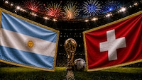 Flaggen von Argentinien und der Schweiz mit Pokal auf einem Stadionhintergrund