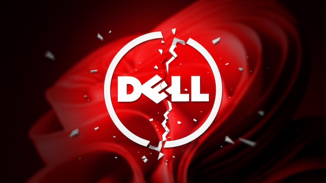 Das Bild zeigt ein stilisiertes Dell-Logo in Weiß vor einem kräftig roten Hintergrund. Das Logo befindet sich mittig im Bild und besteht aus dem Schriftzug „DELL“, der von einem weißen Kreis umgeben ist. Ein gezackter, vertikaler Riss verläuft von oben nach unten durch den Kreis und den Schriftzug. Mehrere kleine weiße Bruchstücke scheinen vom Logo abzusplittern und schweben um die beschädigte Stelle herum. Der Hintergrund besteht aus roten, verschwommenen Formen mit weichen Lichtverläufen, die an die Wellenstruktur des Windows-Hintergrundbilds erinnern. Die Darstellung wirkt dynamisch und vermittelt den Eindruck eines technischen Defekts oder einer Beschädigung. Die Farbgestaltung beschränkt sich überwiegend auf Rot-, Weiß- und Schwarztöne, wodurch das gesprungene Logo deutlich hervorgehoben wird. Die Grafik symbolisiert visuell Probleme oder Störungen bei Dell-Computern.