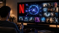 Person schaut TV, auf dem Netflix-Logo und KI-Symbol zu sehen sind
