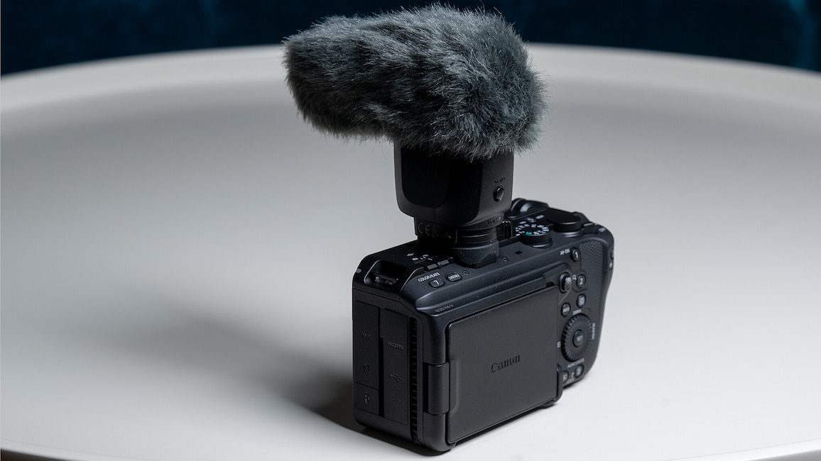 Ansicht der Canon EOS R6 V von schräg hinten. Auf der Kamera ist ein externes Mikrofon aufgesetzt.