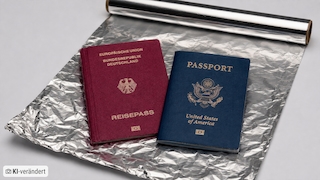 Zwei Reisepässe liegen auf einem ausgebreiteten Bogen Alufolie. Links liegt ein bordeauxroter deutscher Reisepass mit der goldenen Aufschrift „Europäische Union – Bundesrepublik Deutschland – Reisepass“, rechts ein dunkelblauer US-amerikanischer Reisepass mit der Aufschrift „Passport United States of America“. Im Hintergrund ist eine teilweise abgerollte Rolle Alufolie zu sehen. Die Aufnahme entstand vor einem hellen, neutralen Hintergrund.