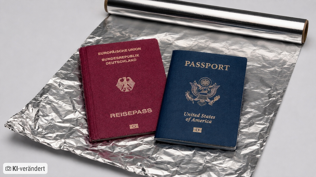 Zwei Reisepässe liegen auf einem ausgebreiteten Bogen Alufolie. Links liegt ein bordeauxroter deutscher Reisepass mit der goldenen Aufschrift „Europäische Union – Bundesrepublik Deutschland – Reisepass“, rechts ein dunkelblauer US-amerikanischer Reisepass mit der Aufschrift „Passport United States of America“. Im Hintergrund ist eine teilweise abgerollte Rolle Alufolie zu sehen. Die Aufnahme entstand vor einem hellen, neutralen Hintergrund.