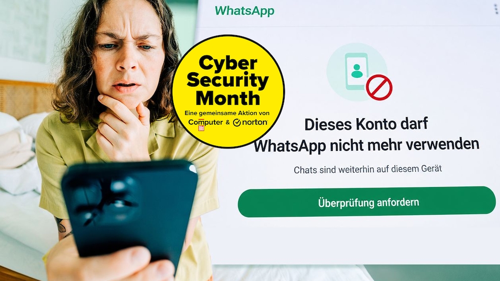 Person sitzt auf einem Bett und hält ein Smartphone vor sich. Rechts daneben ist eine vergrößerte Darstellung eines WhatsApp-Bildschirms zu sehen. Oben steht „WhatsApp“. Darunter befindet sich ein Symbol mit einem Smartphone und einem roten Verbotsschild. Der sichtbare Text lautet: „Dieses Konto darf WhatsApp nicht mehr verwenden“ und darunter „Chats sind weiterhin auf diesem Gerät“. Am unteren Rand ist ein grüner Button mit der Aufschrift „Überprüfung anfordern“ zu sehen. Die Darstellung ist in Weiß- und Grüntönen gehalten.