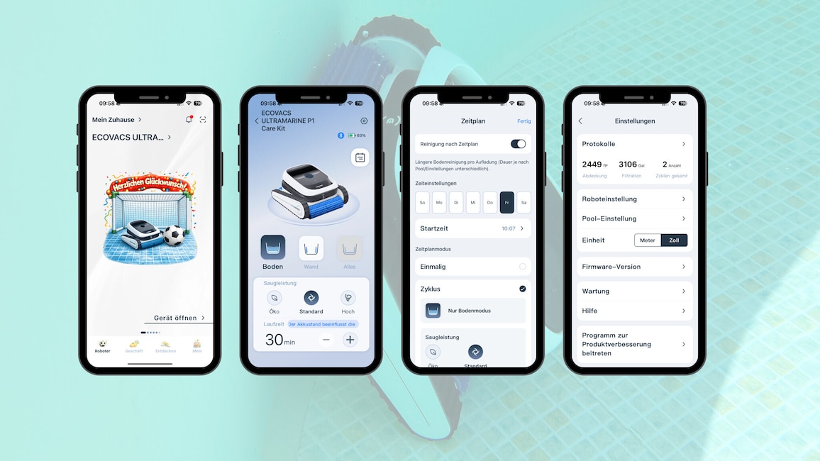 Die ECOVACS-App bietet Zugriff auf Modusauswahl, Zeitpläne und Geräteeinstellungen für den Ultramarine P1.