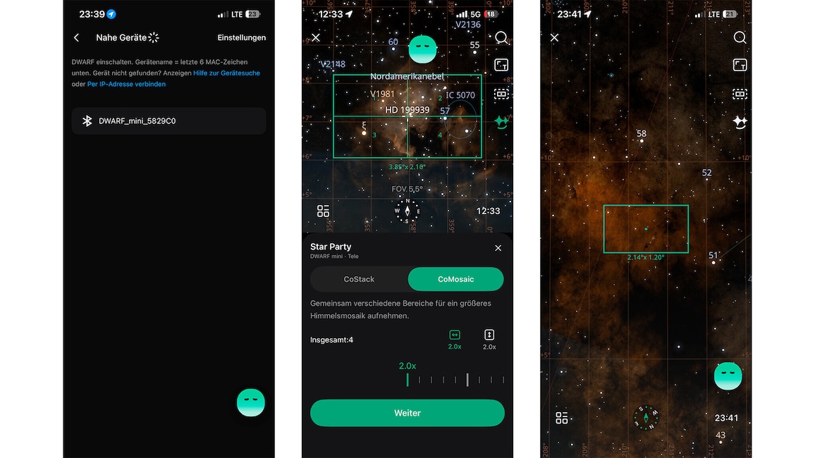 Drei App-Ansichten des Dwarf Mini mit Geräteverbindung, Zielauswahl und markiertem Himmelsausschnitt.