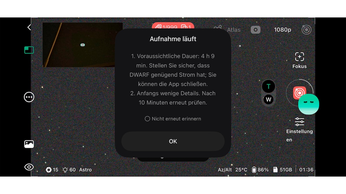 Dwarf-Mini-App mit Hinweis auf eine laufende Aufnahme und eine voraussichtliche Dauer von 4 Stunden und 9 Minuten.