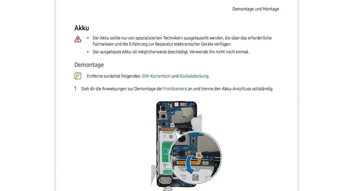 Screenshot von der Bedienungsanleitung zum Galaxy A27: Akku