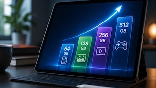 Tablet auf einem Schreibtisch mit einer Grafik zu verschiedenen Speichergrößen. Auf dem Display sind Balken für 64 GB, 128 GB, 256 GB und 512 GB dargestellt, die unterschiedliche Nutzungsarten symbolisieren. Ein Pfeil zeigt den steigenden Speicherbedarf an.