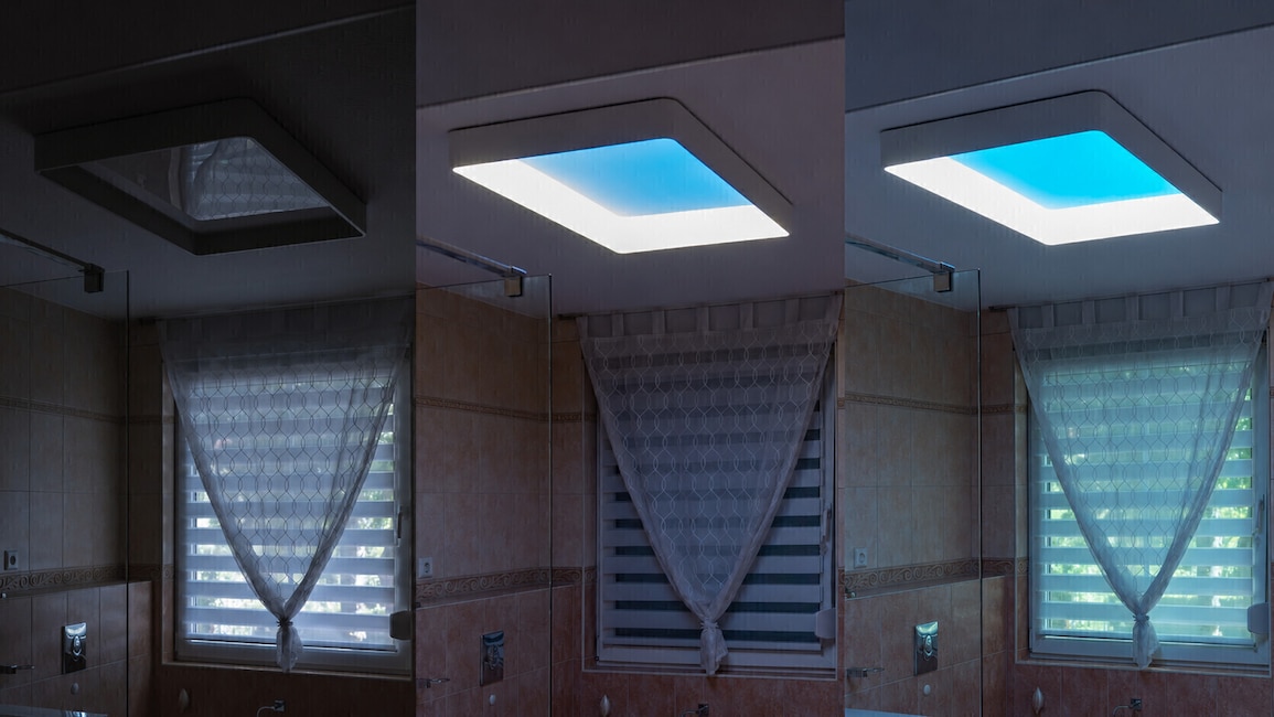 Von aus bis Tageslicht-Illusion: Das Philips Skylight bietet verschiedene Lichtstimmungen und verändert damit sichtbar die Wirkung des Raumes.