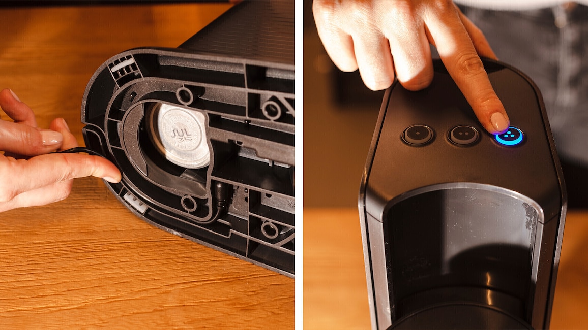 Für das Sprudeln per Knopfdruck muss der E-Duo am Strom angeschlossen sein (rechts). Beim ersten Aufbau erfordert das Verlegen des Kabels etwas Geduld (links).