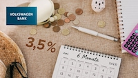 Auf einer Tischfläche liegen Münzen, ein Kalender mit der Aufschrift „6 Monate“, ein Stift, ein Notizbuch und ein Taschenrechner. Links oben steht „VOLKSWAGEN BANK“, links im Bild ist „3,5 %“ eingeblendet.