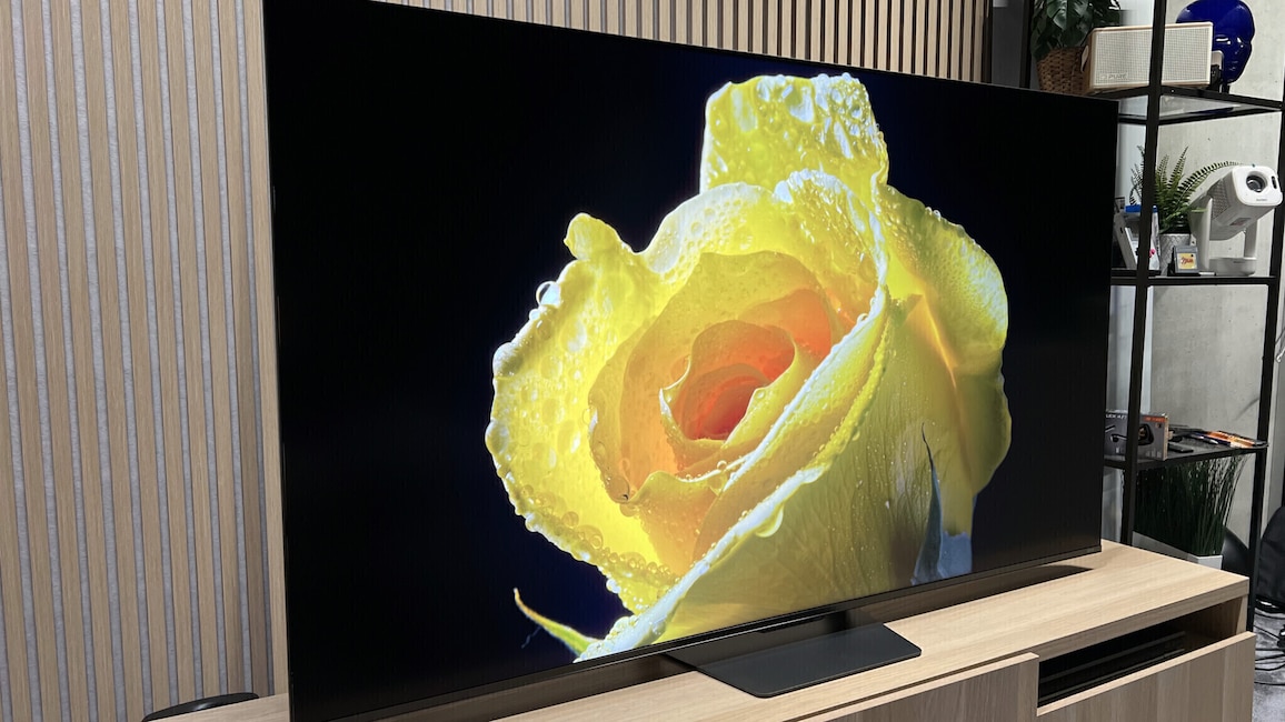 Display zeigt hellgelbe Blume vor schwarzem Hintergrund